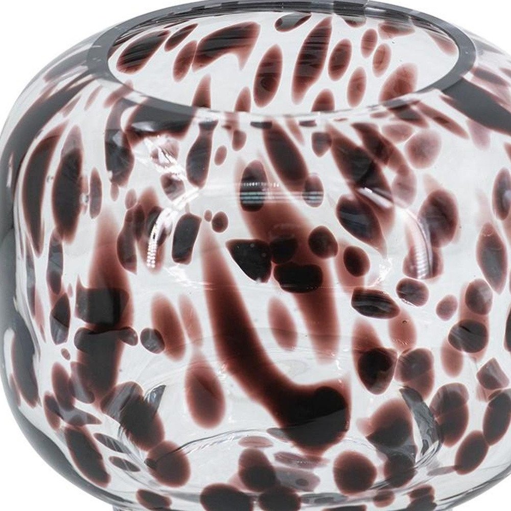 6" Clear Burgundy And Black Abstract Glass Round Table Vase