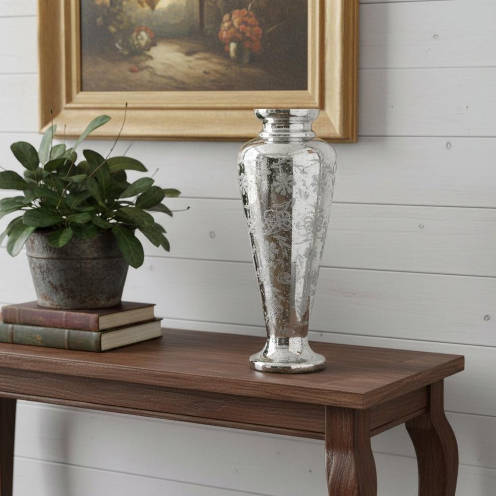 20" Silver Floral Glass Round Table Vase