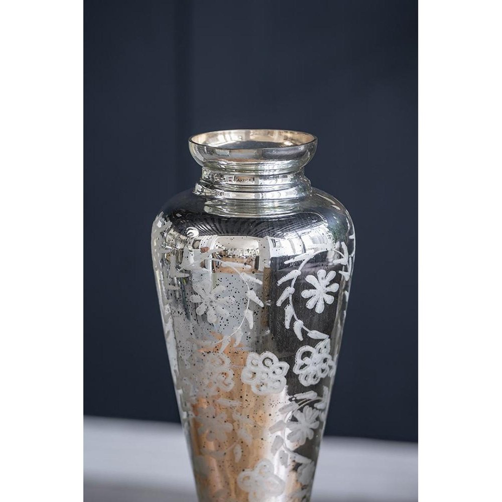 20" Silver Floral Glass Round Table Vase