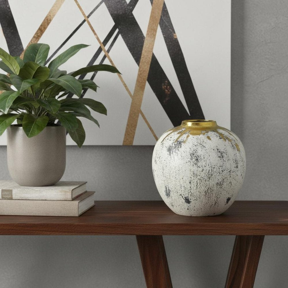 10" Gold Gray And Ivory Abstract Ceramic Round Table Vase