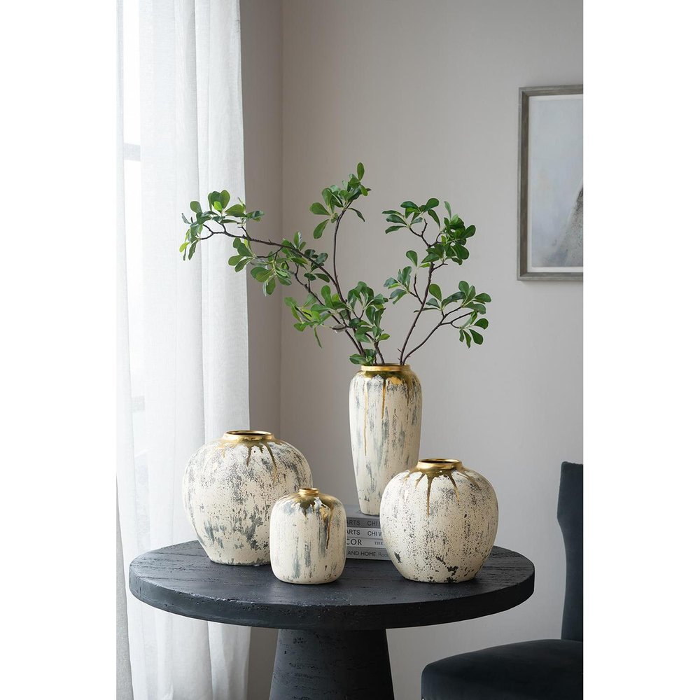 10" Gold Gray And Ivory Abstract Ceramic Round Table Vase