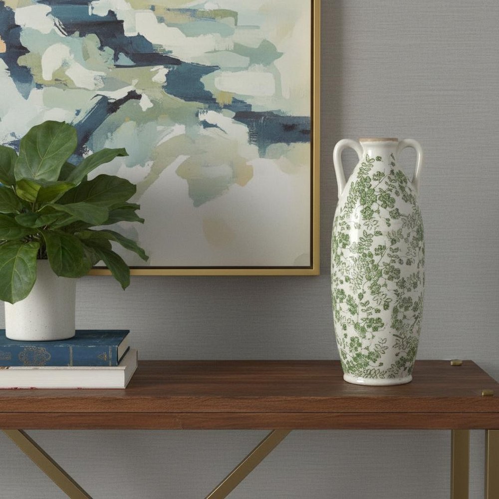 16" Green And White Leaf Ceramic Amphora Table Vase