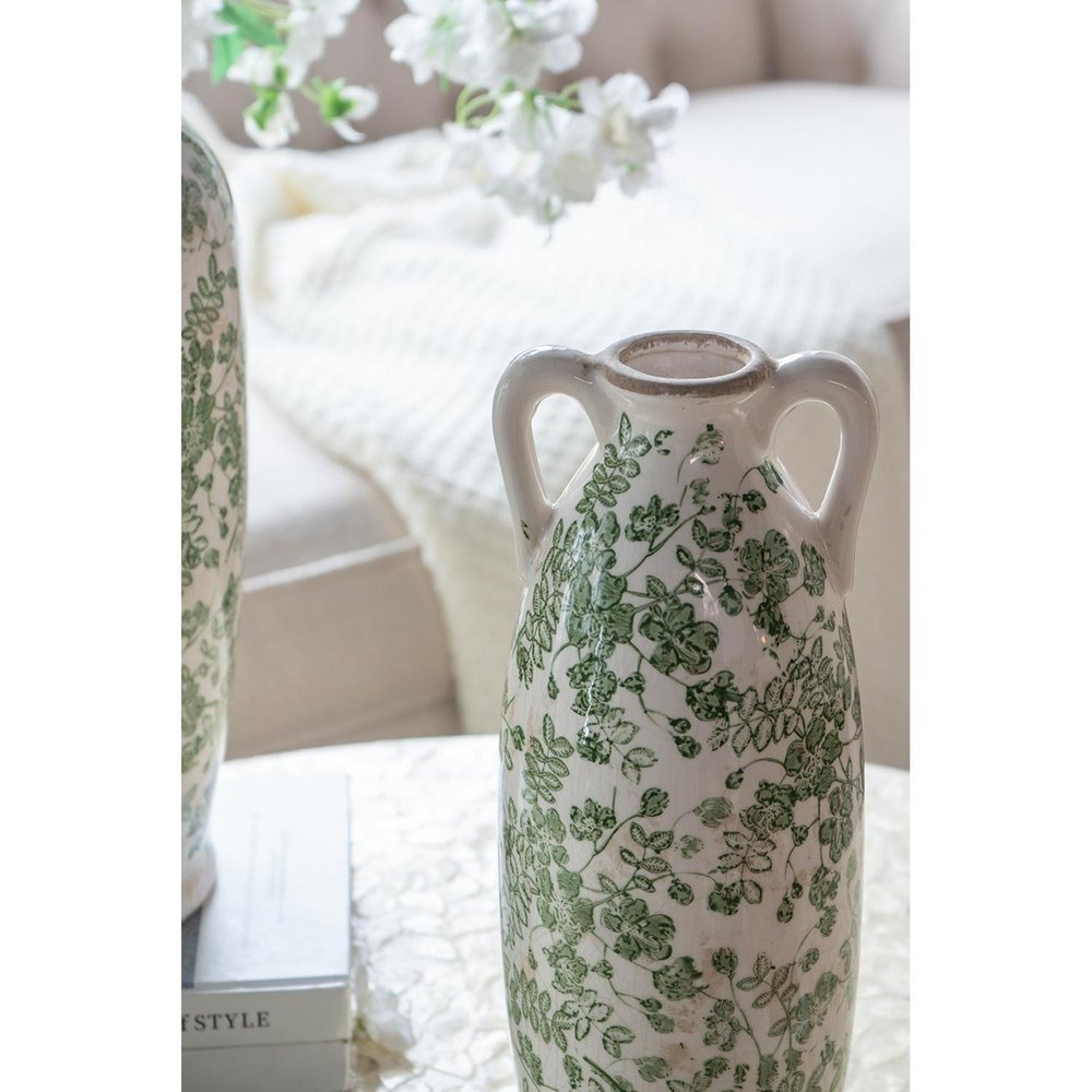 16" Green And White Leaf Ceramic Amphora Table Vase