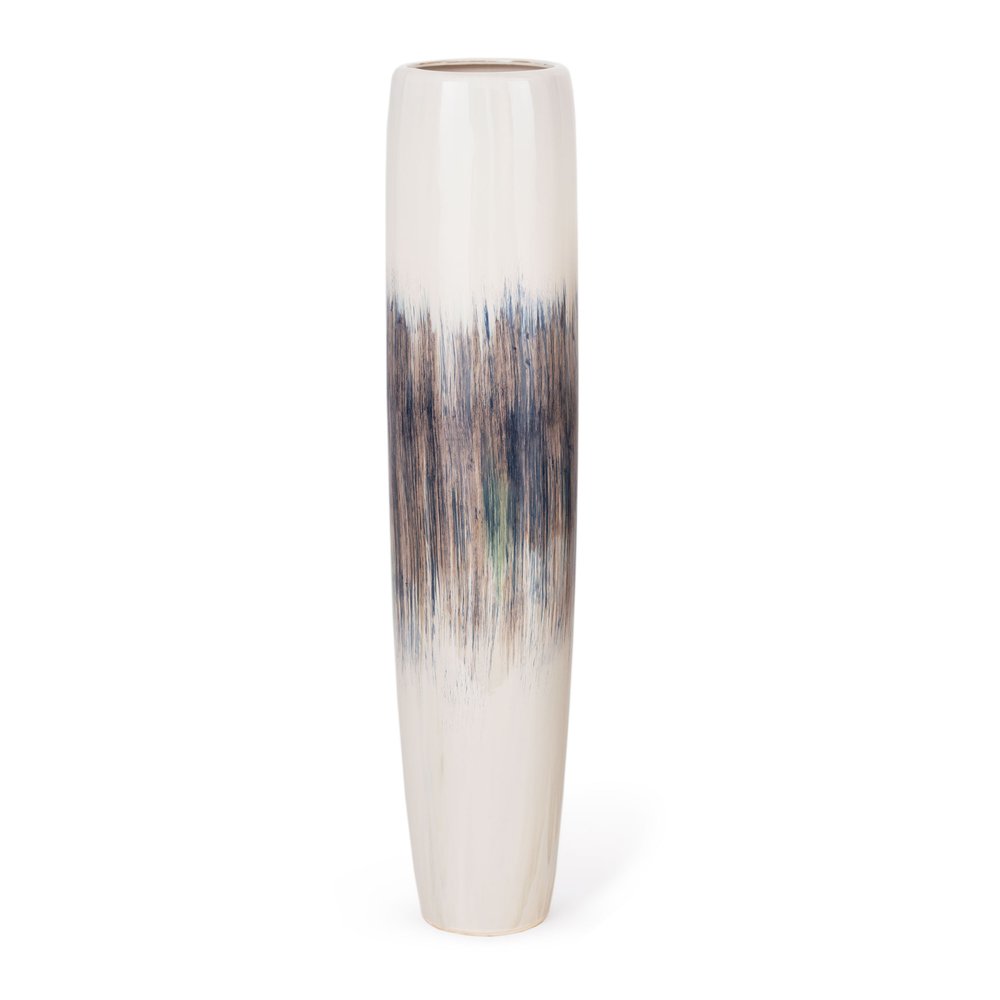 47" Cream Blue And Brown Abstract Tapered Ceramic Floor Vase