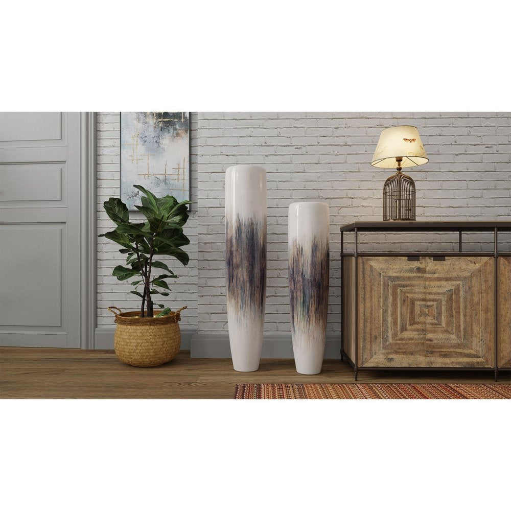 47" Cream Blue And Brown Abstract Tapered Ceramic Floor Vase