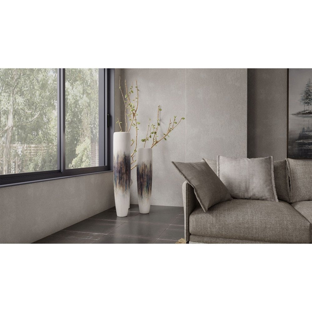 47" Cream Blue And Brown Abstract Tapered Ceramic Floor Vase
