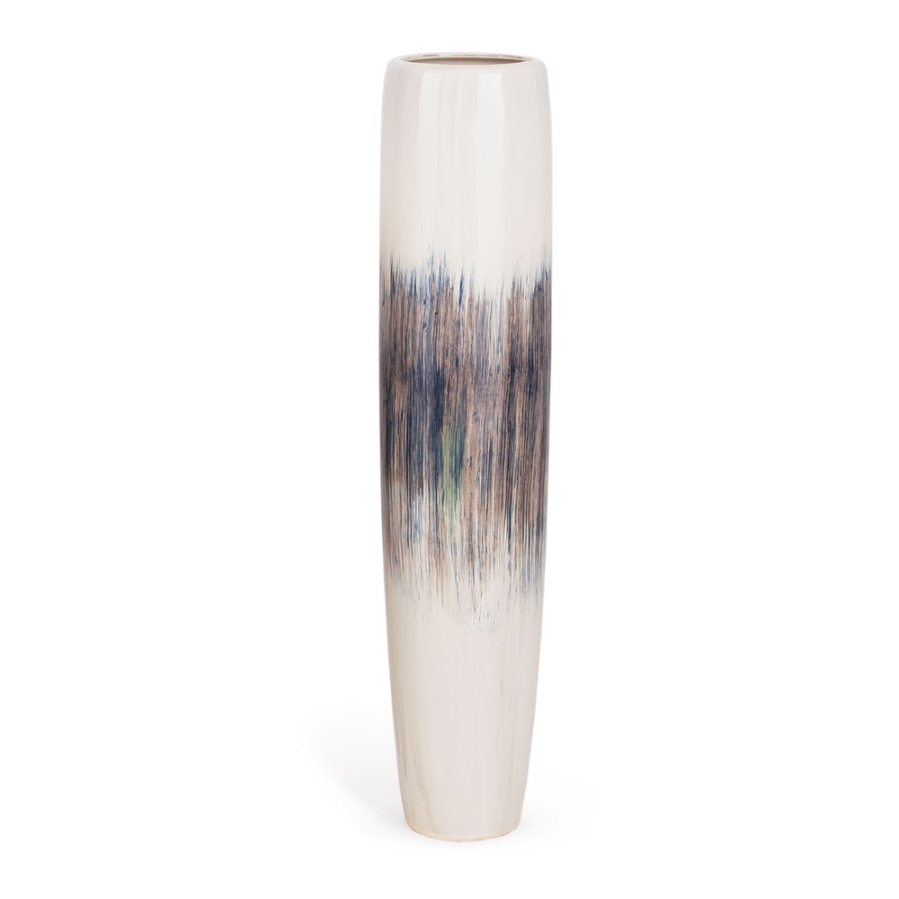 47" Cream Blue And Brown Abstract Tapered Ceramic Floor Vase