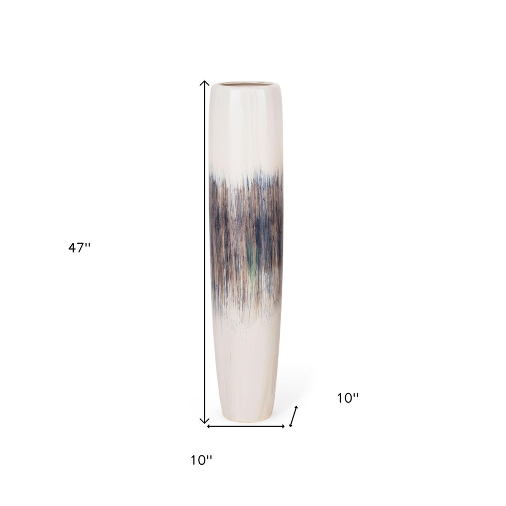 47" Cream Blue And Brown Abstract Tapered Ceramic Floor Vase