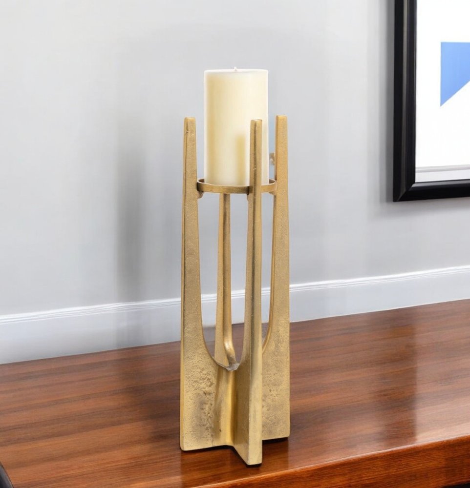 16" Gold Distressed Aluminum Geometric Tabletop Pillar Candle Holder