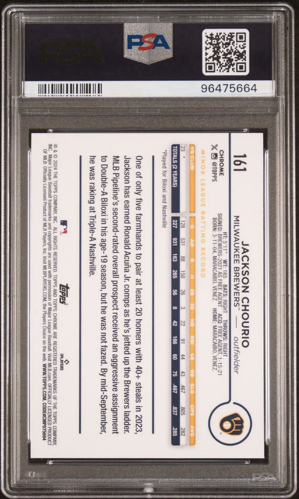 2024 Topps Chrome #161 Jackson Chourio RC Aqua Refractor /199 Rookie PSA 9
