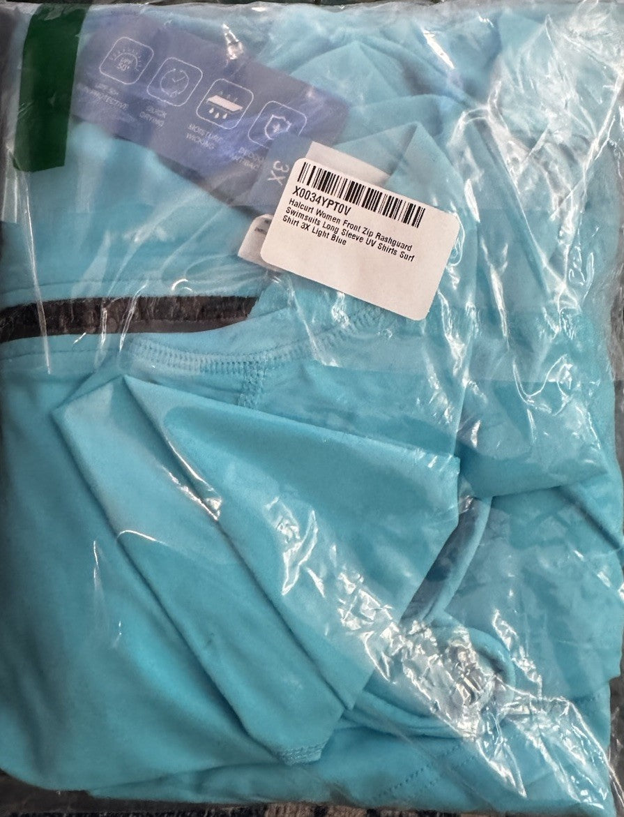 Halcurt Women’s Front Zip Rashguard Swim shirt- Long sleeve - Light Blue - 3X