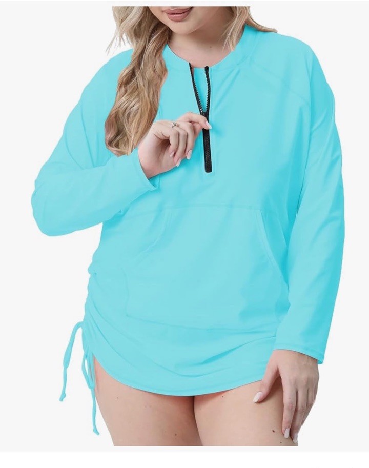 Halcurt Women’s Front Zip Rashguard Swim shirt- Long sleeve - Light Blue - 3X