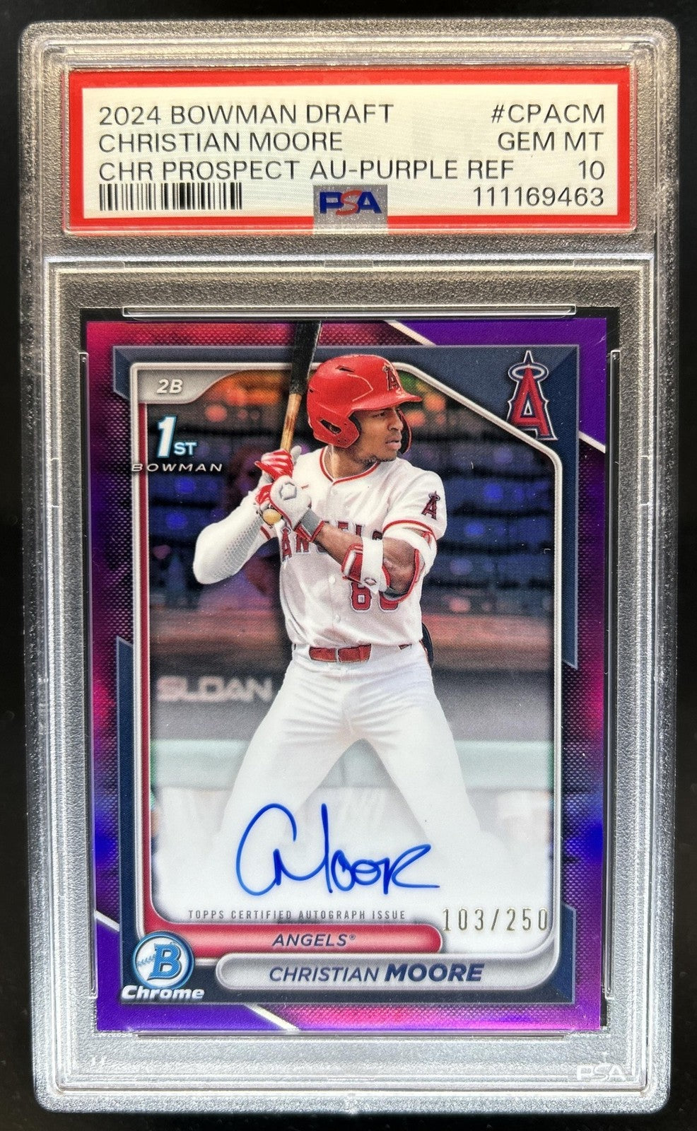 24 Bowman Draft Christian Moore Chrome Auto Purple Refractor 1st #103/250 PSA 10