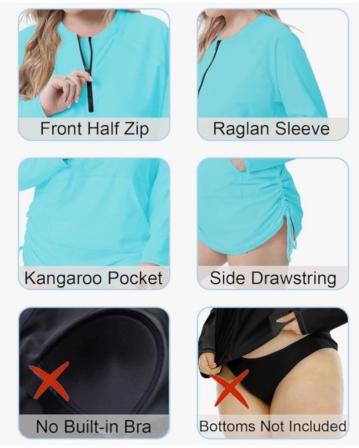 Halcurt Women’s Front Zip Rashguard Swim shirt- Long sleeve - Light Blue - 3X