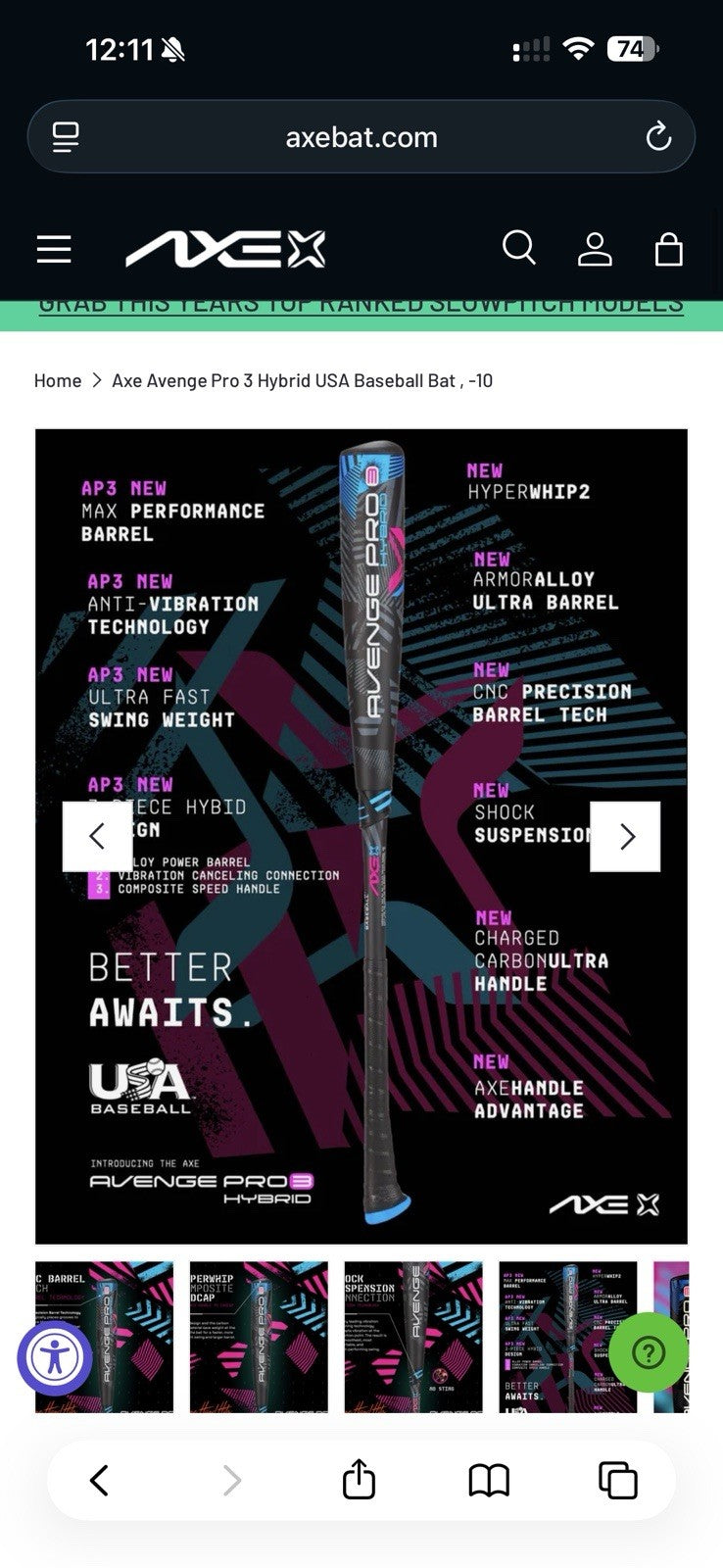 Axe Avenge Pro Hybrid (-10) USA Baseball Bat 28”/18oz – Brand New!