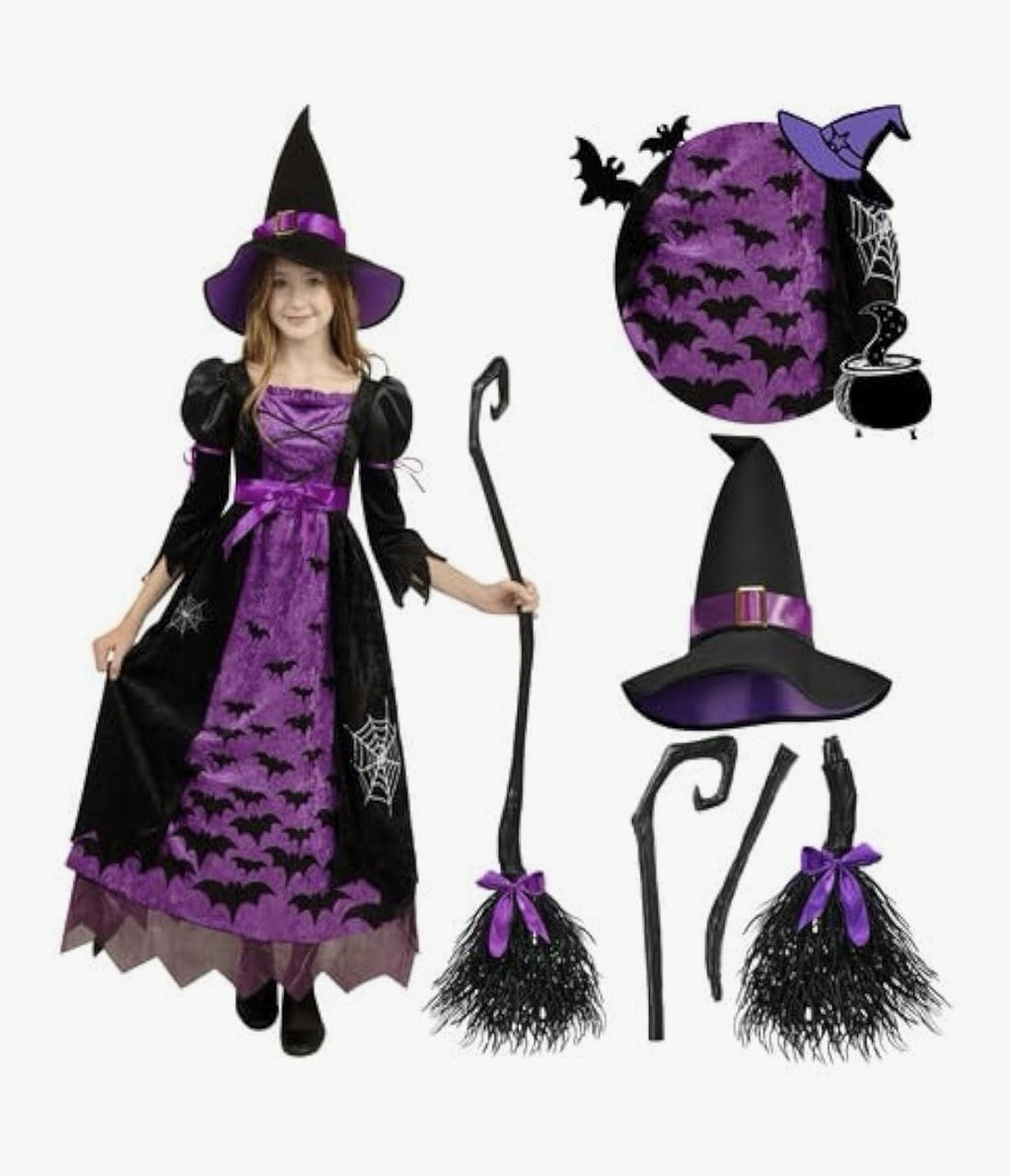 Spooktacular Creations Child Sz M Bat Webs Witch Costume Black Purple Hat Belt