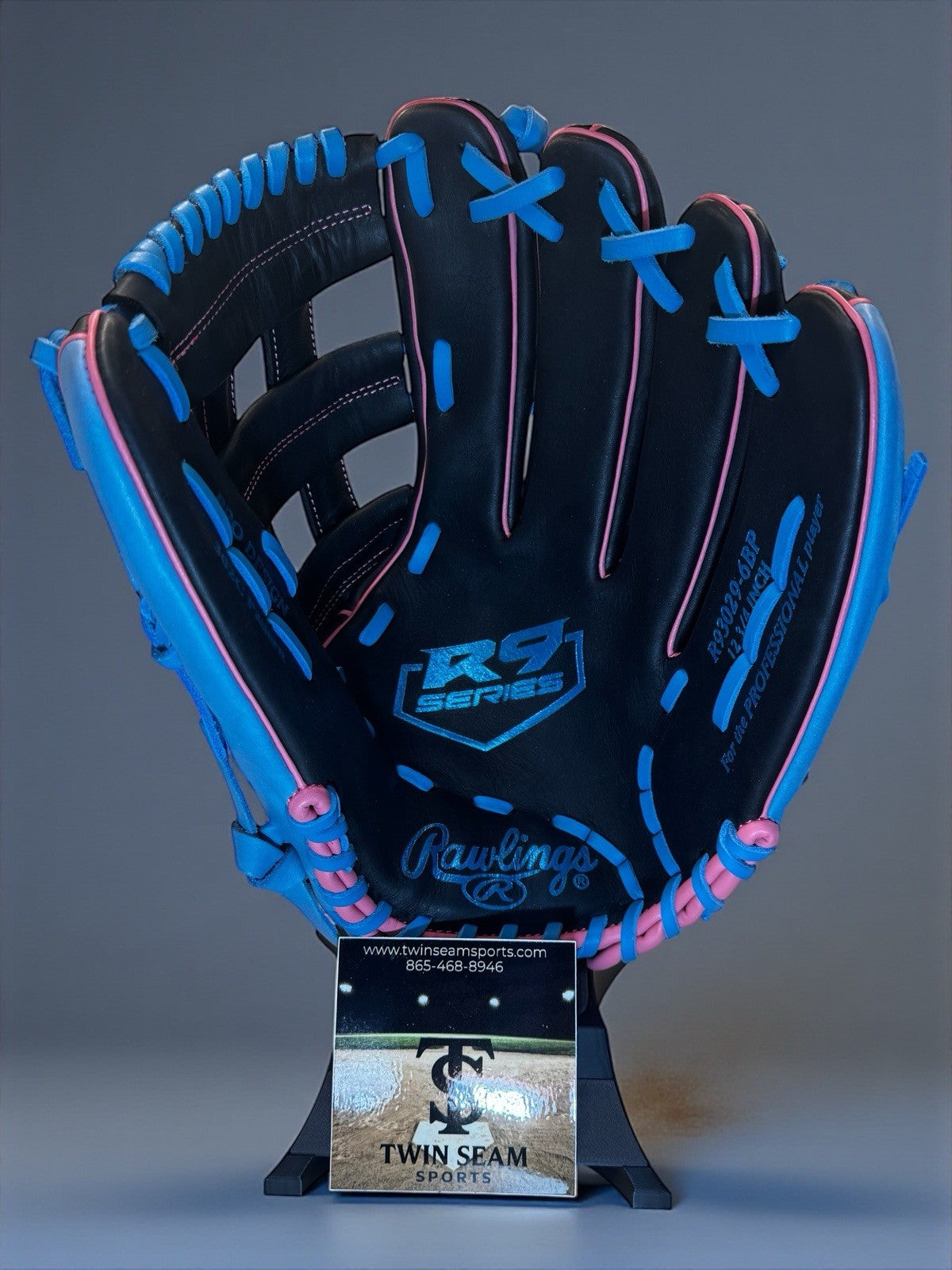 Rawlings R9 Series 12.75” Baseball Glove – 3029-6BP – Black / Blue / Pink – RHT