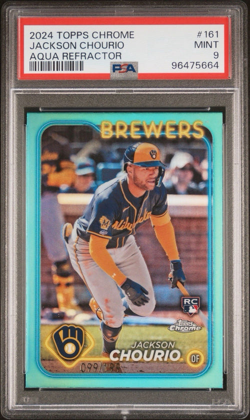 2024 Topps Chrome #161 Jackson Chourio RC Aqua Refractor /199 Rookie PSA 9