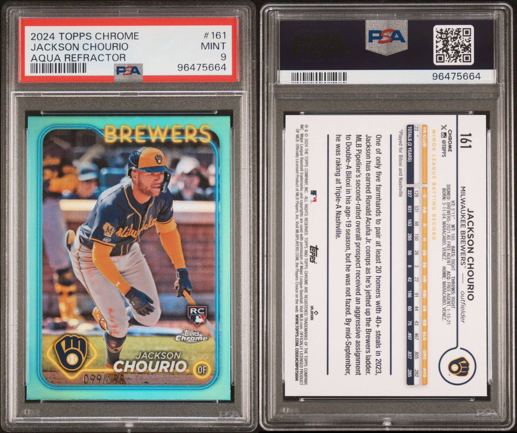 2024 Topps Chrome #161 Jackson Chourio RC Aqua Refractor /199 Rookie PSA 9
