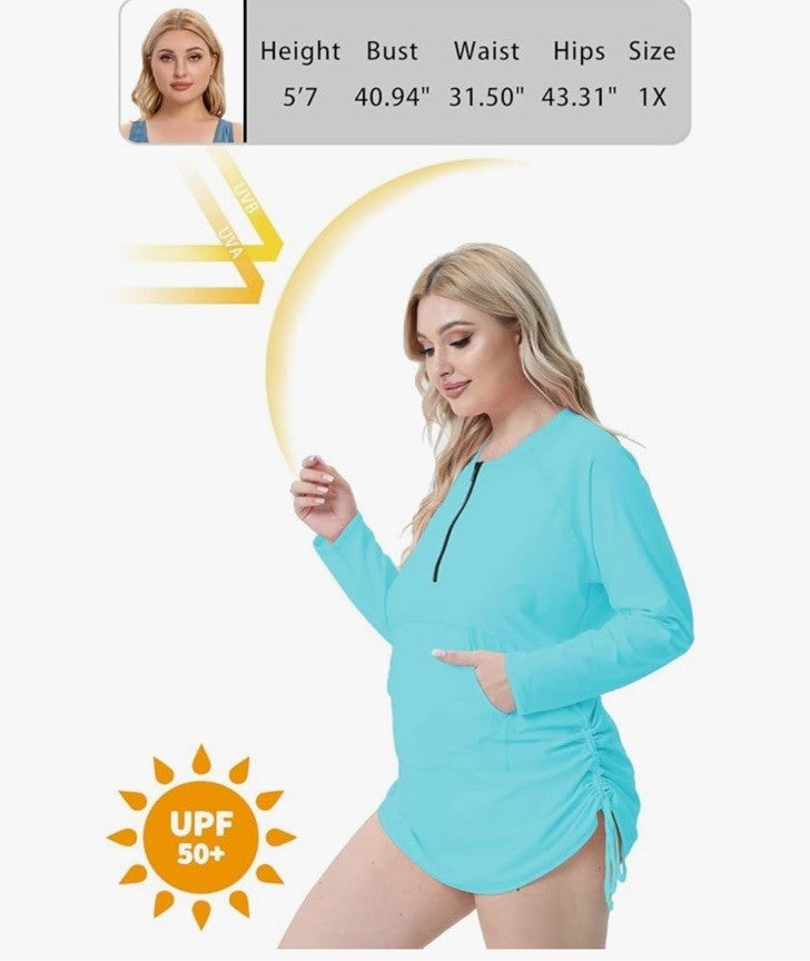 Halcurt Women’s Front Zip Rashguard Swim shirt- Long sleeve - Light Blue - 3X