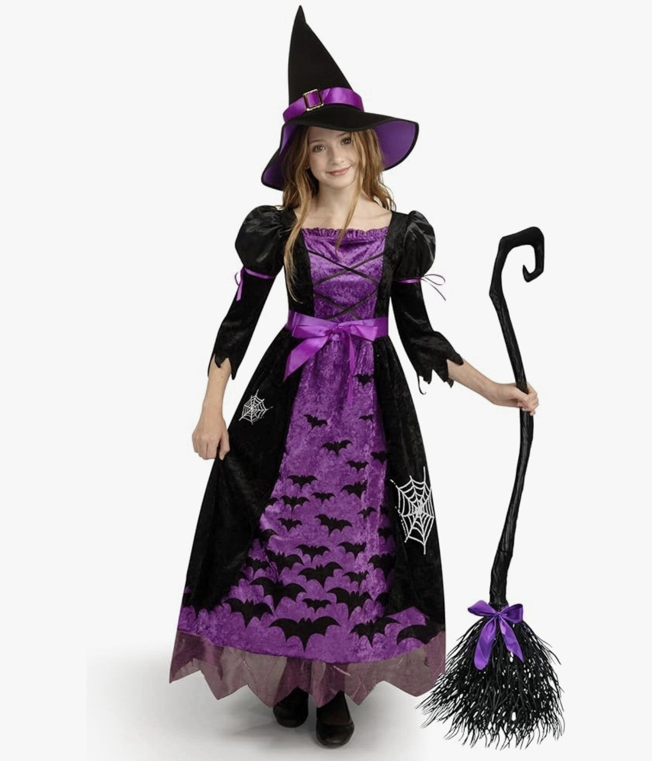 Spooktacular Creations Child Sz M Bat Webs Witch Costume Black Purple Hat Belt