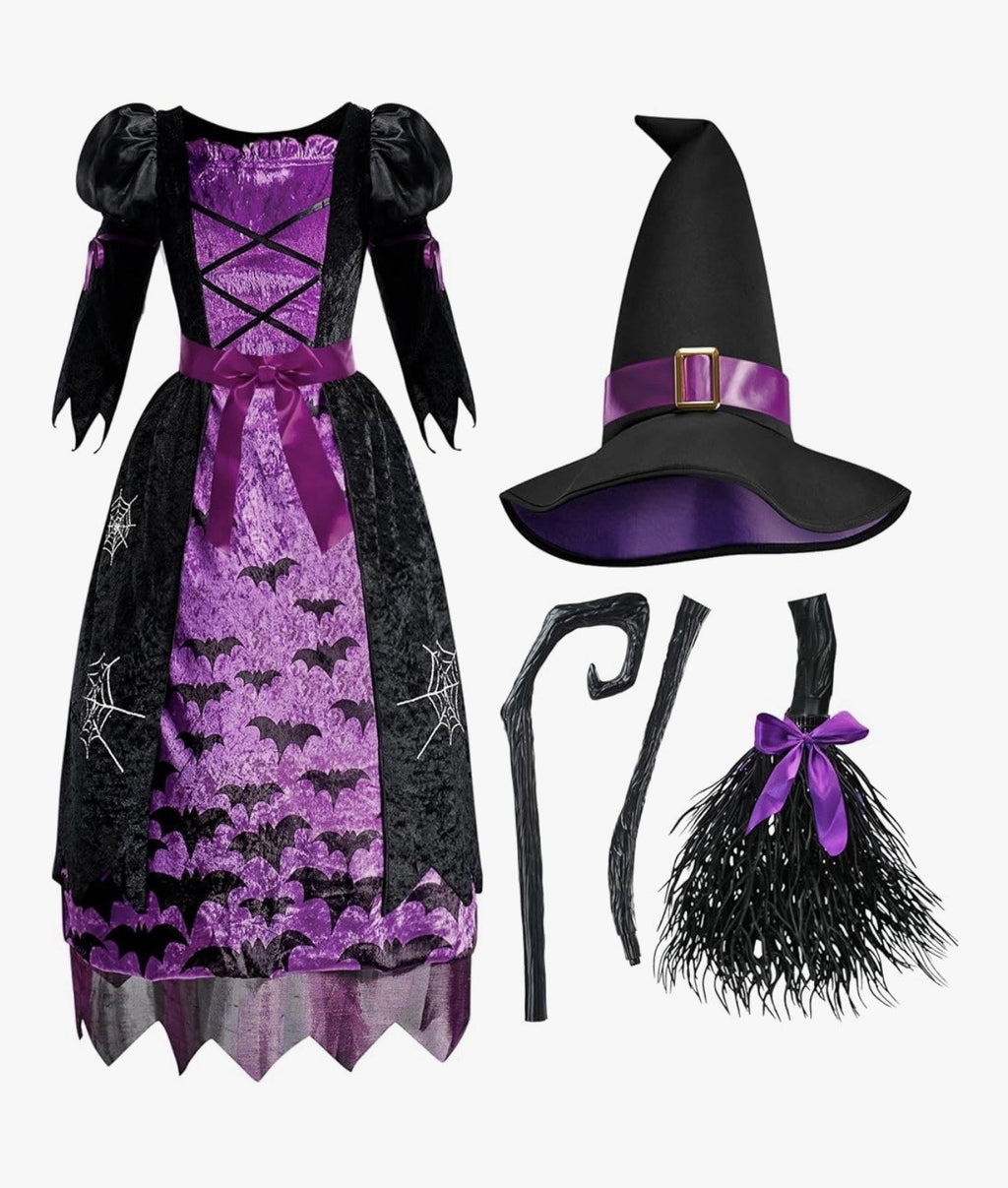 Spooktacular Creations Child Sz M Bat Webs Witch Costume Black Purple Hat Belt