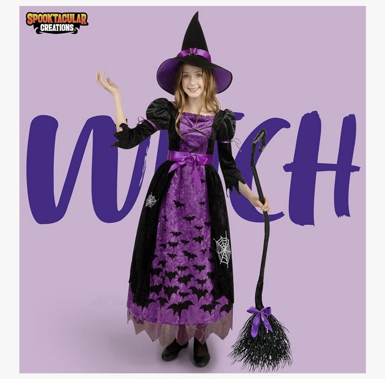Spooktacular Creations Child Sz M Bat Webs Witch Costume Black Purple Hat Belt