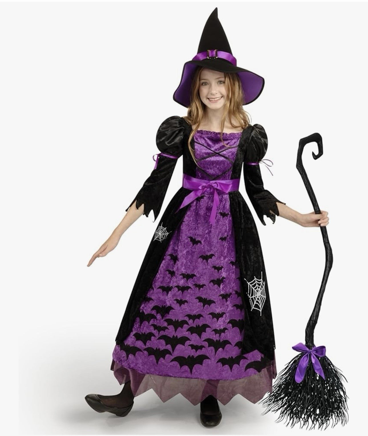 Spooktacular Creations Child Sz M Bat Webs Witch Costume Black Purple Hat Belt