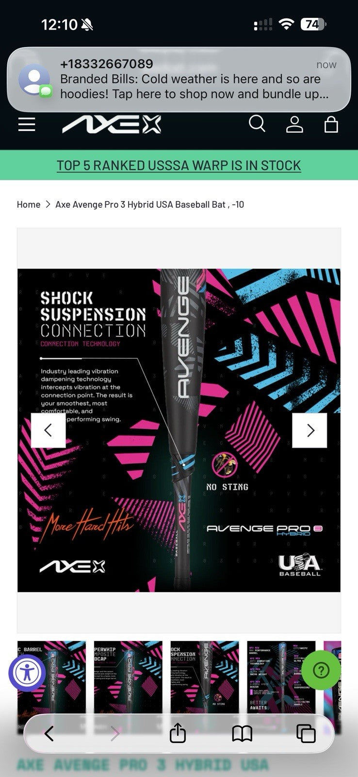 Axe Avenge Pro Hybrid (-10) USA Baseball Bat 28”/18oz – Brand New!