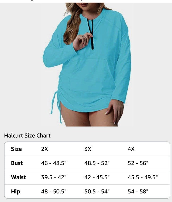 Halcurt Women’s Front Zip Rashguard Swim shirt- Long sleeve - Light Blue - 3X