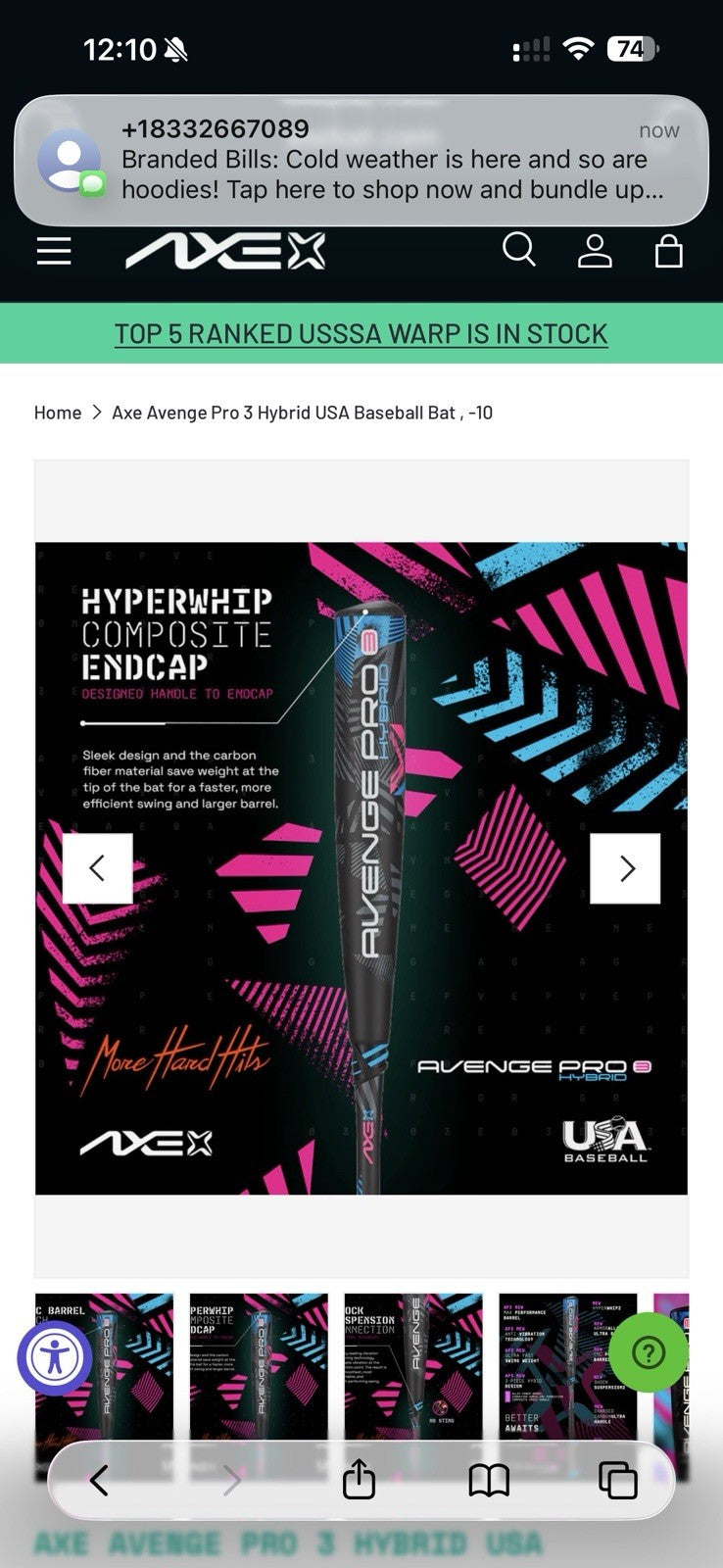 Axe Avenge Pro Hybrid (-10) USA Baseball Bat 28”/18oz – Brand New!