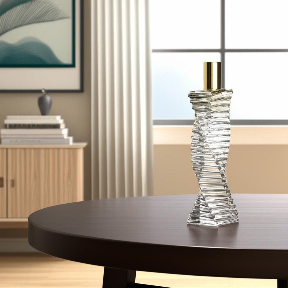 8" Clear And Gold Twisted Crystal Tabletop Taper Candlestick
