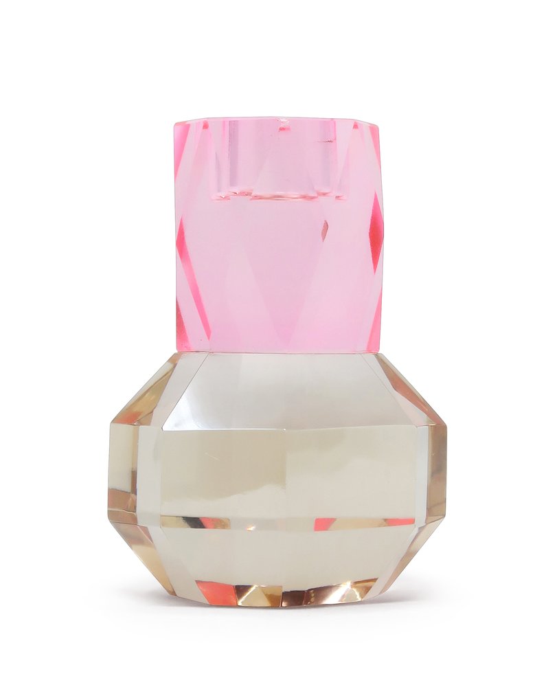 5" Pink And Clear Faceted Crystal Tabletop Taper Candlestick