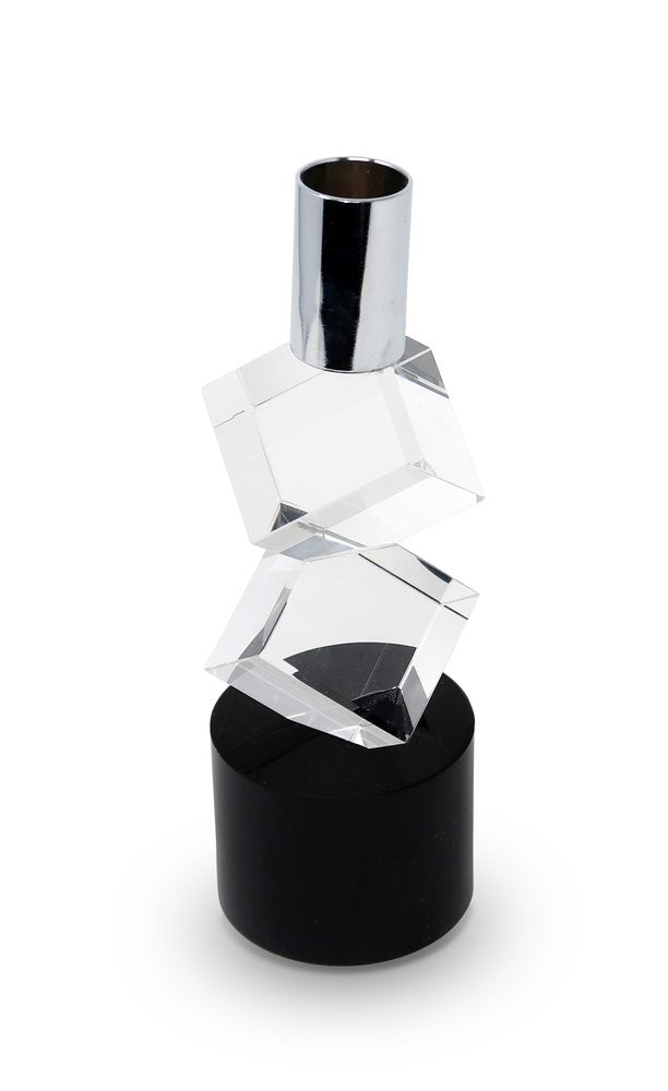8" Silver Clear And Black Faceted Crystal Tabletop Taper Candlestick