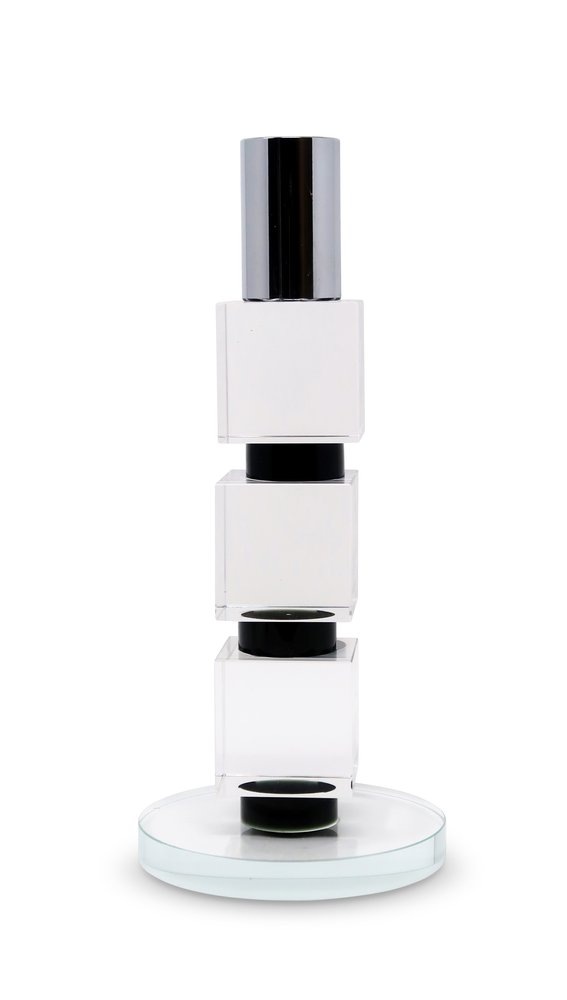 7" Silver Clear And Black Block And Cylinder Crystal Tabletop Taper Candlestick