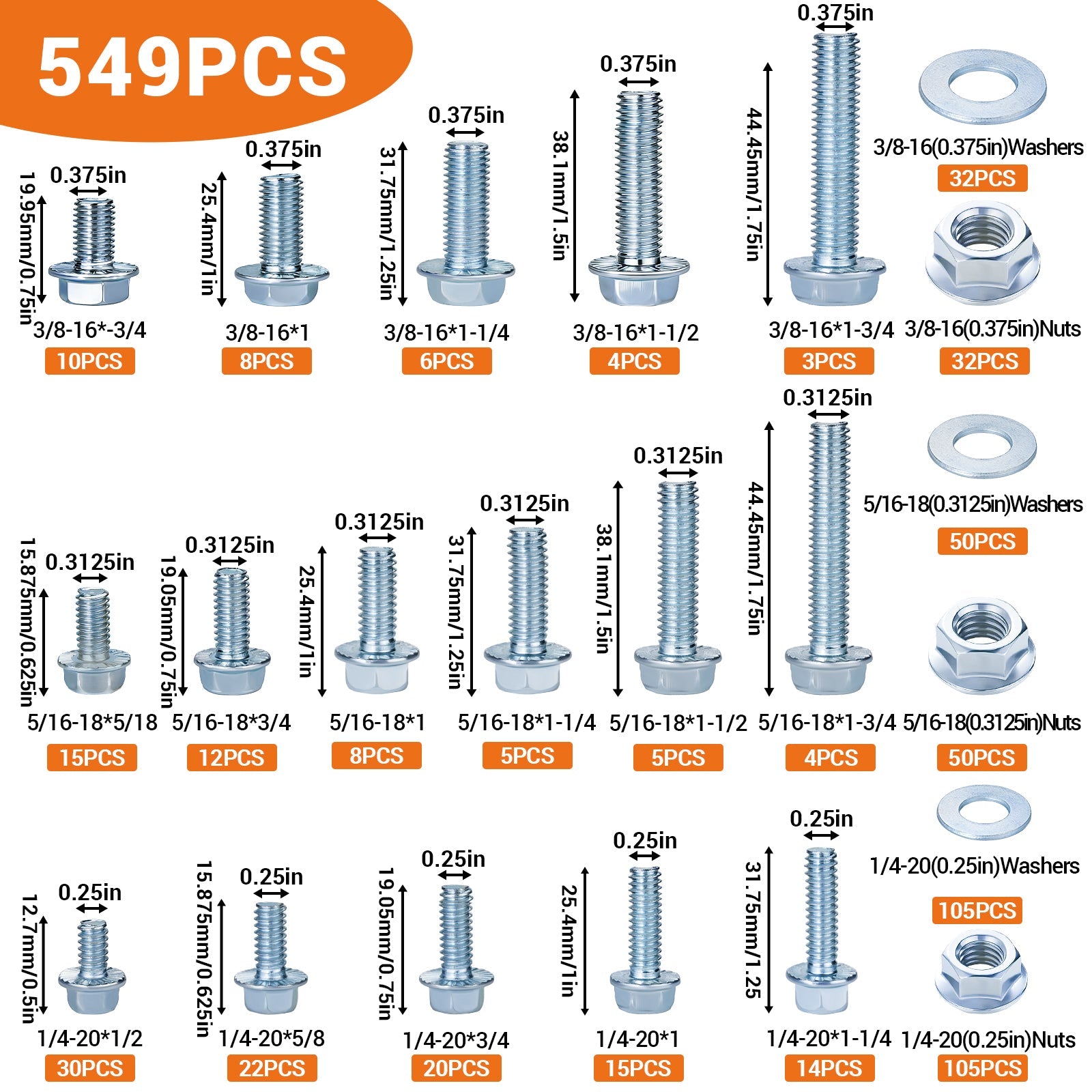M6/M8/M10 Flange Bolt Kit (549PCS) | 8.8 Alloy Steel | Hex Bolts, Nuts & Washers