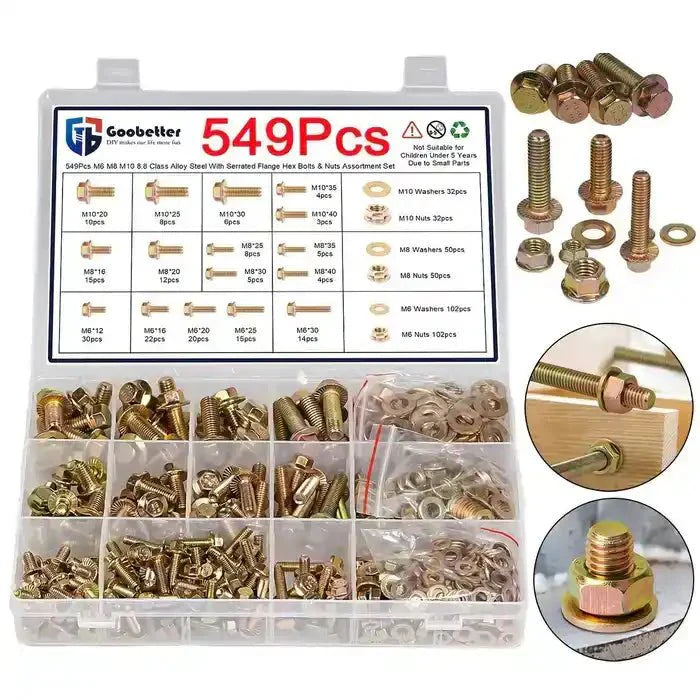 M6/M8/M10 Flange Bolt Kit (549PCS) | 8.8 Alloy Steel | Hex Bolts, Nuts & Washers