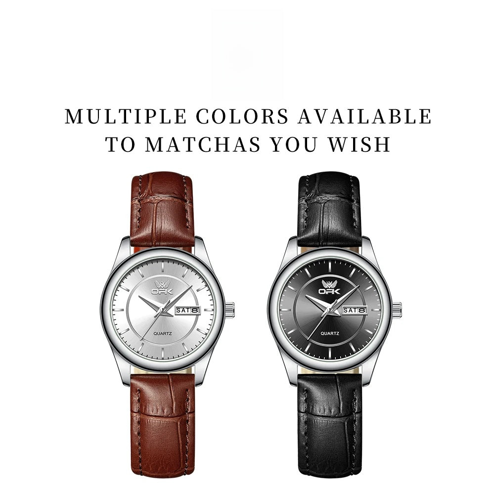 Women's Leather Strap Quartz Watch Silver Case Dual Day