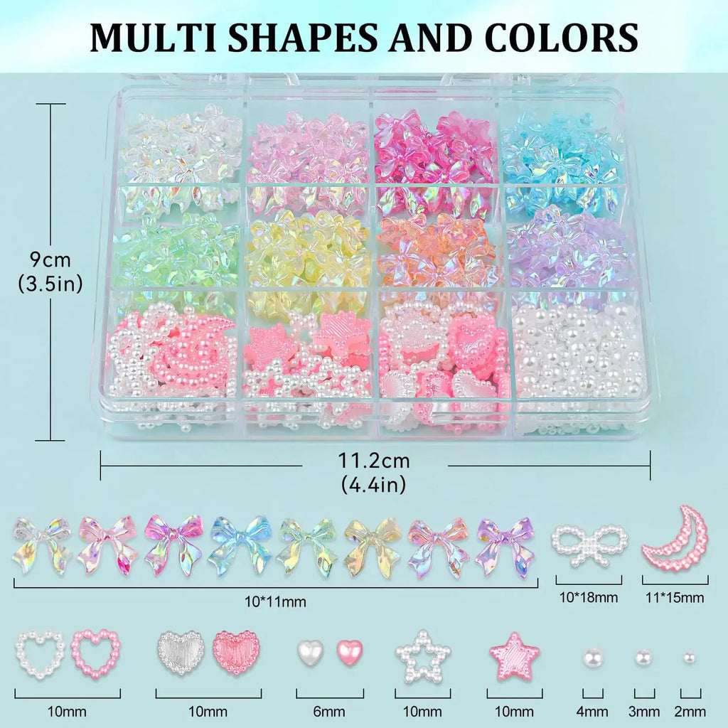 600 Pcs 3D Nail Charms and Flatback Pearls for Nail Art Design with Nail Charm Glue