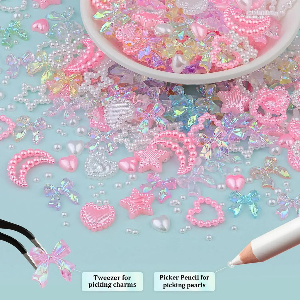 600 Pcs 3D Nail Charms and Flatback Pearls for Nail Art Design with Nail Charm Glue