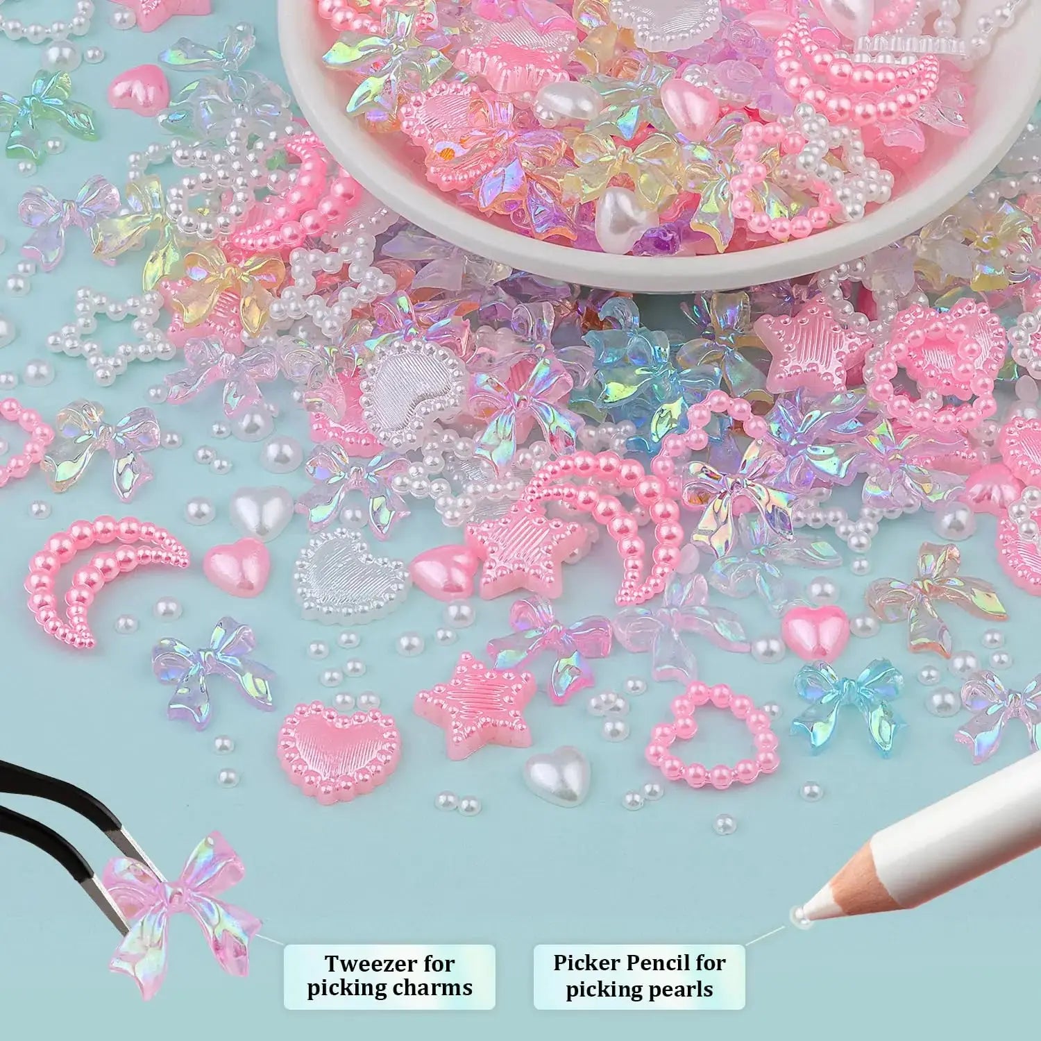 600 Pcs 3D Nail Charms and Flatback Pearls for Nail Art Design with Nail Charm Glue