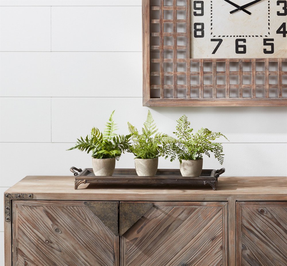 Set of Three 10" Green Artificial Fern Plant in a Gray Pot