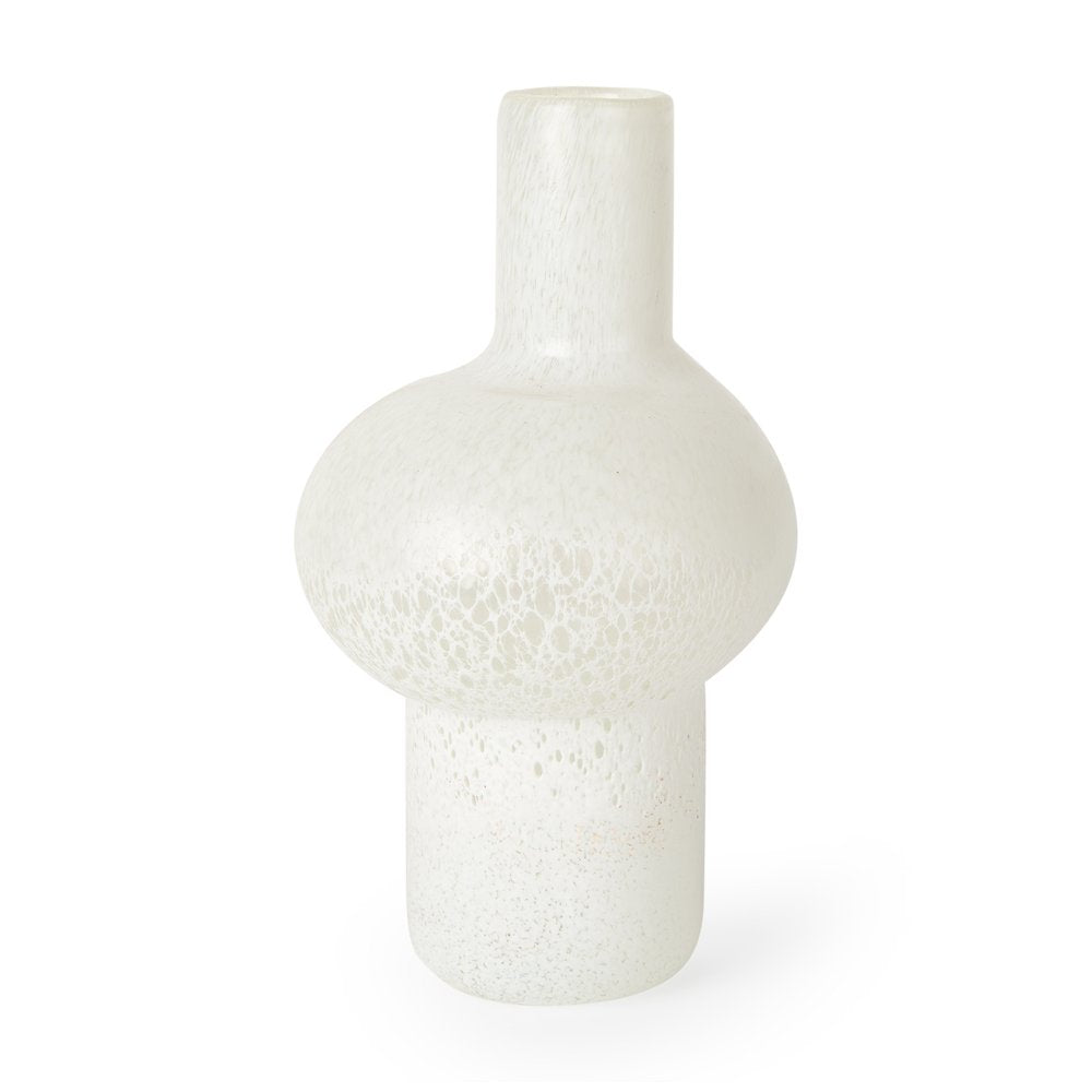 12" White Mottled Handblown Glass Table Vase