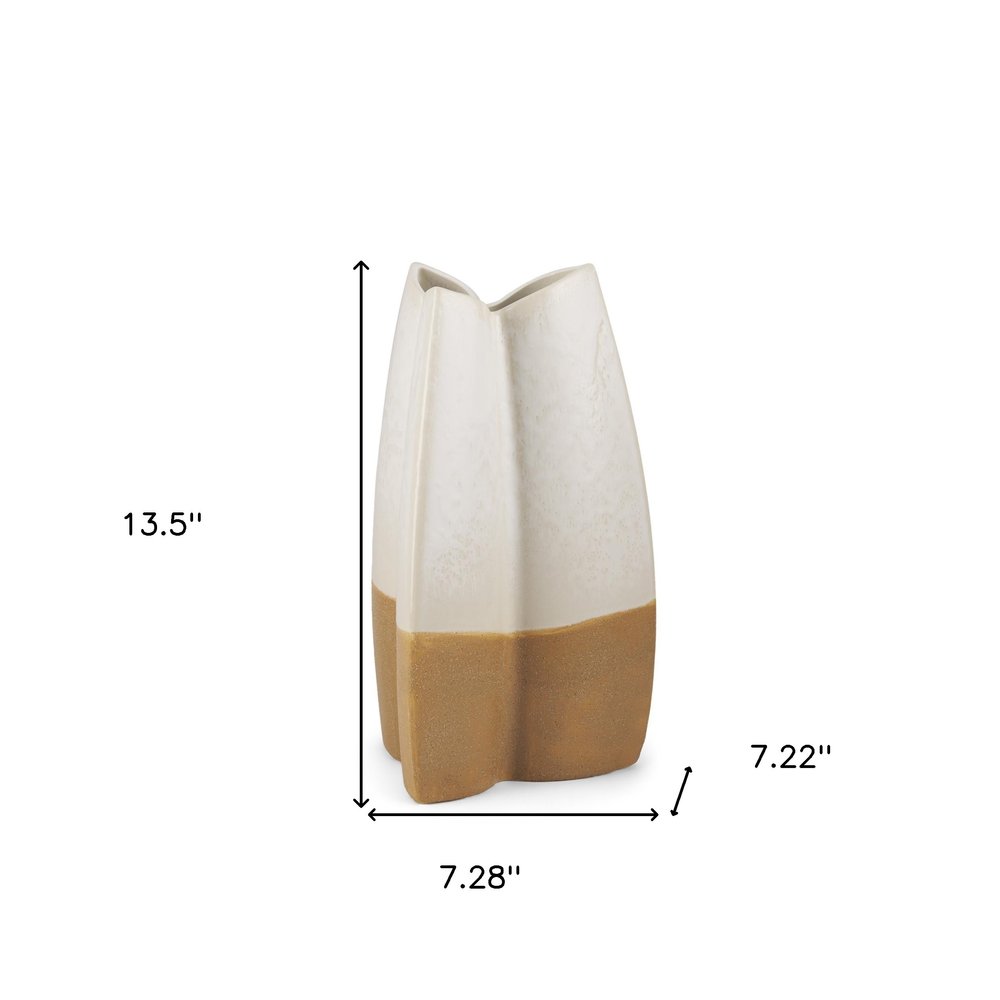 14" Cream And Beige Color Block Ceramic Table Vase
