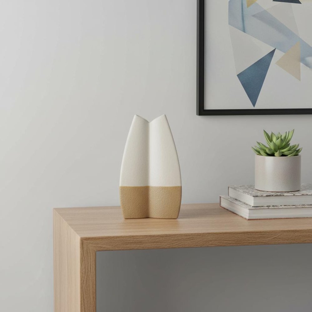 16" Beige And Cream Color Block Ceramic Table Vase