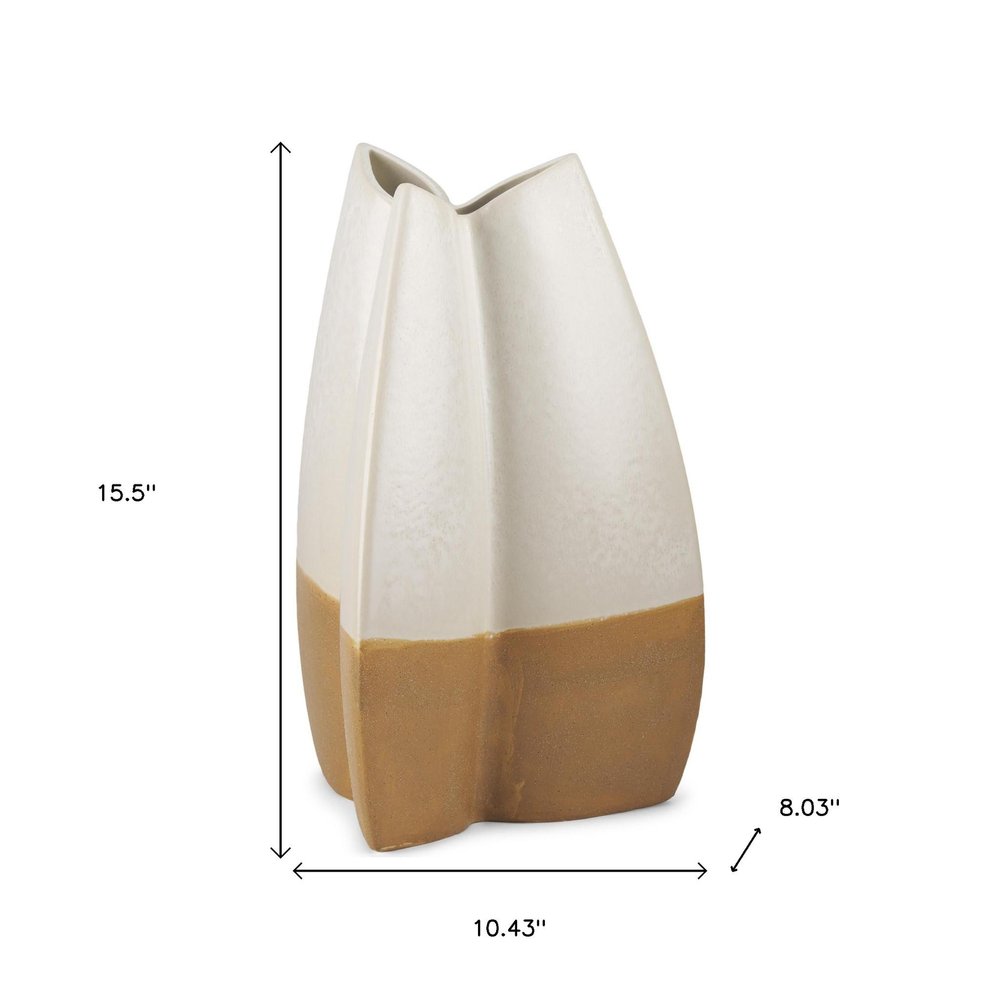 16" Beige And Cream Color Block Ceramic Table Vase