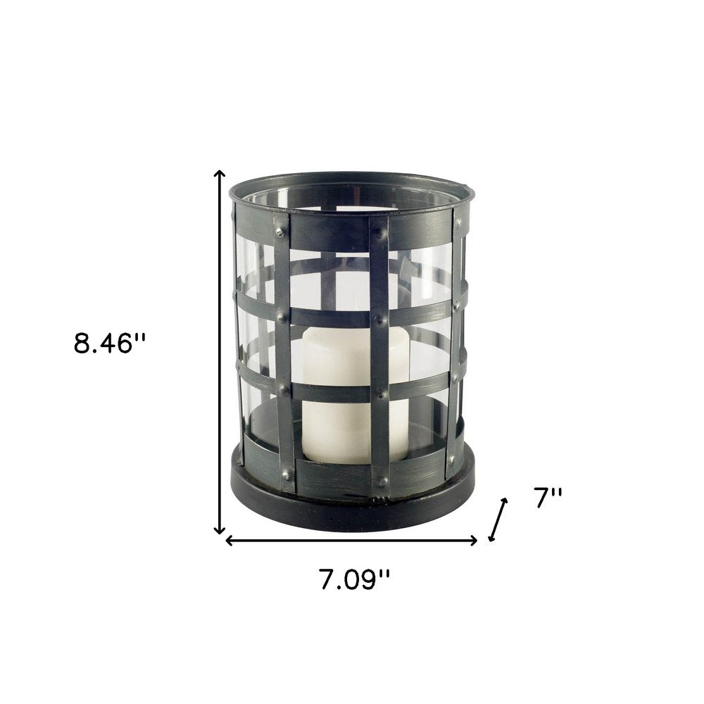 8" Black Distressed Lattice Metal And Glass Tabletop Hurricane Candle Holder
