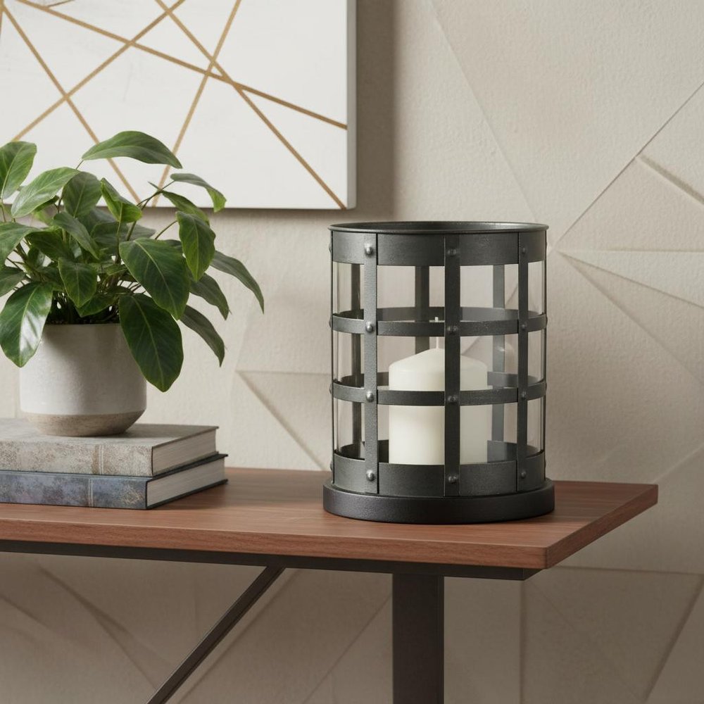 8" Black Distressed Lattice Metal And Glass Tabletop Hurricane Candle Holder