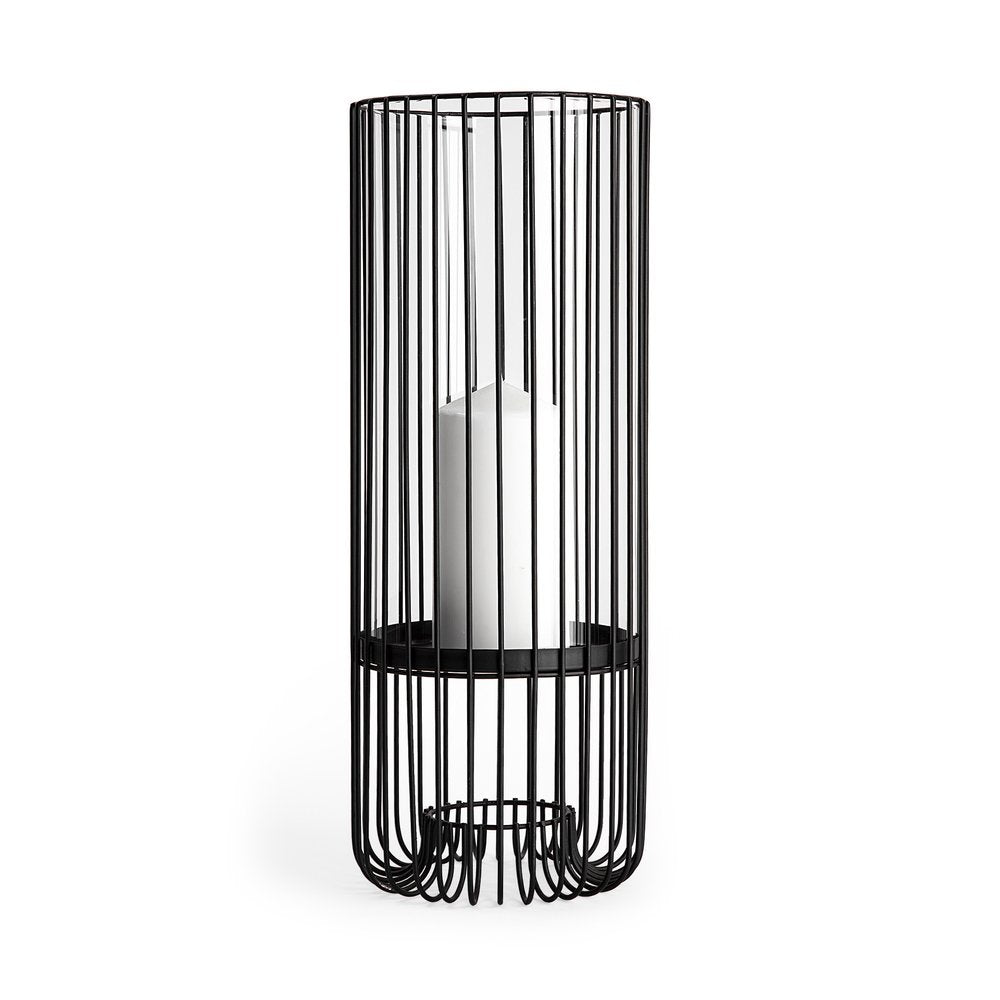 17" Black Abstract Metal And Glass Tabletop Hurricane Candle Holder