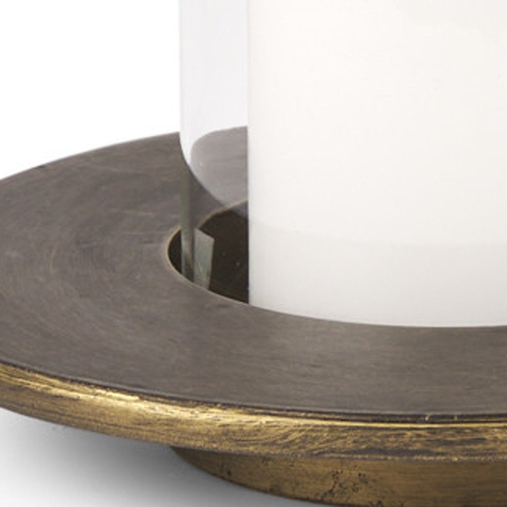 Set of Two Gold Distressed Geometric Metal Tabletop Hurricane Candle Holders